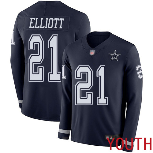Youth Dallas Cowboys Limited Navy Blue Ezekiel Elliott #21 Therma Long Sleeve NFL Jersey->nfl t-shirts->Sports Accessory
